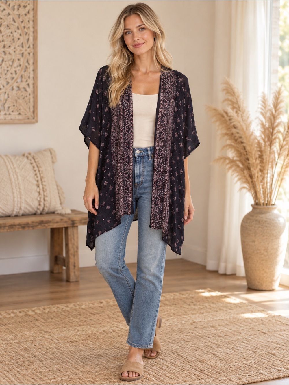 Angie Boho Chic Black Floral Open-Front Kimono
